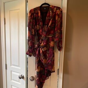 Vici Red and Gold Asymmetrical Wrap Dress with Plunge Neckline